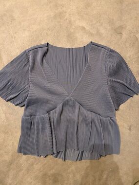 SHEIN Slate Blue Pleated V-Neck Short Sleeve Blouse